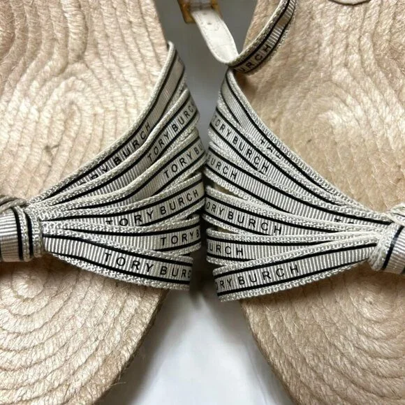 Tory Burch White Beige Logo Ribbon Wedge Espadrille Platform Sandals Heels Sz 9 - Picture 8 of 8